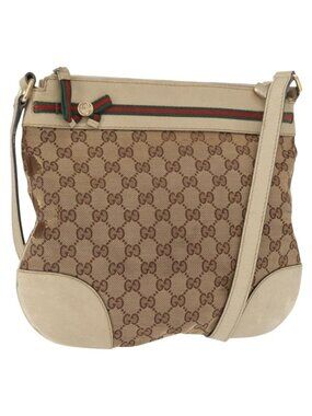 Authentic GUCCI GG Canvas Web Sherry Line Shoulder Bag Beige Gold 257065